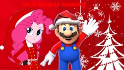 Size: 1920x1080 | Tagged: artist needed, source needed, safe, pinkie pie, equestria girls, g4, christmas, crossover, hat, holiday, male, mario, mariopie, santa hat, super mario bros.