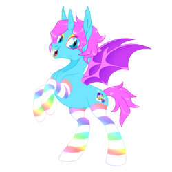 Size: 3000x3000 | Tagged: safe, artist:moonhoek, artist:wumbl3, oc, oc only, oc:chroma wave, alicorn, bat pony, bat pony alicorn, pony, 2019 community collab, derpibooru community collaboration, rcf community, alicorn oc, bat pony oc, bat wings, clothes, collaboration, eyeshadow, fangs, femboy, high res, lipstick, looking at you, makeup, male, open mouth, rainbow socks, rearing, simple background, slender, socks, solo, spread wings, stallion, sternocleidomastoid, striped socks, thin, transparent background, wings