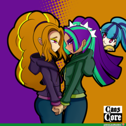 Size: 1500x1500 | Tagged: safe, artist:caoscore, adagio dazzle, aria blaze, sonata dusk, equestria girls, g4, clothes, female, food, holding hands, human coloration, lesbian, patreon, patreon logo, ship:adaria, shipping, smiling, taco, the dazzlings, watermark