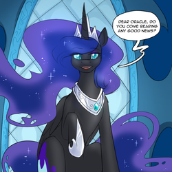 Size: 750x750 | Tagged: safe, artist:cosmalumi, nightmare moon, pony, tumblr:ask queen moon, g4, peytral, queen, raised hoof, smiling, solo, speech bubble, throne room