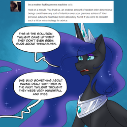 Size: 750x750 | Tagged: safe, artist:cosmalumi, nightmare moon, pony, tumblr:ask queen moon, g4, ask, implied twilight sparkle, offscreen character, peytral, queen, solo, speech bubble, tumblr