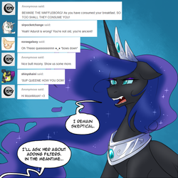 Size: 750x750 | Tagged: safe, artist:cosmalumi, nightmare moon, pony, tumblr:ask queen moon, g4, ask, offscreen character, peytral, skeptical, solo, speech bubble, tumblr