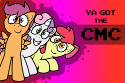 Size: 1500x1000 | Tagged: safe, artist:pokefound, apple bloom, scootaloo, sweetie belle, earth pony, pegasus, pony, unicorn, banned from equestria daily, g4, cutie mark crusaders, female, filly, implied foalcon, wide eyes, ya got