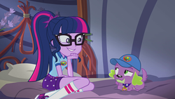 Size: 1920x1080 | Tagged: safe, screencap, sci-twi, spike, spike the regular dog, twilight sparkle, dog, equestria girls, g4, legend of everfree - bloopers, my little pony equestria girls: legend of everfree, bed, blooper, camp everfree outfits, converse, glasses, ponytail, shoes, smiling, sneakers