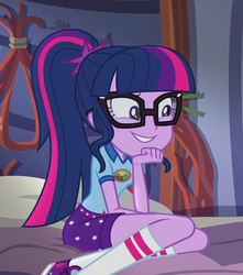 Size: 953x1079 | Tagged: safe, screencap, sci-twi, twilight sparkle, equestria girls, g4, legend of everfree - bloopers, my little pony equestria girls: legend of everfree, adorkable, bed, camp everfree outfits, converse, cropped, cute, dork, glasses, ponytail, shoes, smiling, sneakers, twiabetes