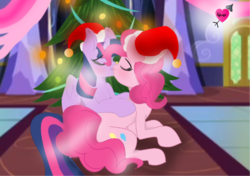 Size: 863x609 | Tagged: safe, artist:spero, pinkie pie, twilight sparkle, alicorn, earth pony, pony, g4, bells, blushing, carpet, christmas, christmas lights, christmas tree, cutie mark, door, duo, eyebrows, eyes closed, female, hat, holiday, hooves on back, indoors, kiss on the lips, kissing, lesbian, lying down, mare, ribbon, santa hat, ship:twinkie, shipping, tile, tree, twilight sparkle (alicorn), twilight's castle, wings