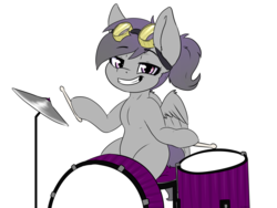 Size: 1280x965 | Tagged: safe, alternate version, artist:mamachubs, oc, oc only, pegasus, pony, background removed, drums, goggles, grin, hoof hold, musical instrument, pegasus oc, simple background, smiling, transparent background, wings