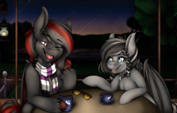 Size: 1280x820 | Tagged: safe, artist:mamachubs, oc, oc only, oc:phoenix genevieve, bat pony, pony, bat pony oc, clothes, commission, cup, hoof hold, jewelry, lamp, necklace, night, one eye closed, scarf, slit pupils, smiling, sunglasses, wink