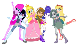 Size: 2081x1205 | Tagged: safe, artist:baby, artist:noreencreatesstuff, derpibooru exclusive, marble pie, equestria girls, g4, adventure time, ballet slippers, ballora, barely eqg related, base used, boots, clothes, crossover, crown, dress, ear piercing, earring, equestria girls style, equestria girls-ified, five nights at freddy's, five nights at freddy's: sister location, gloves, high heel boots, high heels, inazuma eleven go chrono stone, jewelry, kinako nanobana, male, marceline, piercing, princess bubblegum, princess peach, regalia, shoes, slippers, star butterfly, star vs the forces of evil, super mario bros.