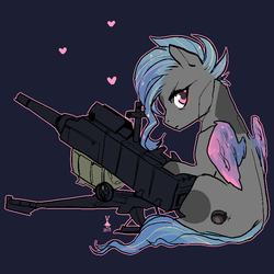 Size: 737x737 | Tagged: safe, artist:cheekyposelenets, oc, oc only, pegasus, pony, ags 17, blue background, coat markings, cutie mark, dark background, female, grenade launcher, grenade machinegun, gun, heart, looking at you, mare, simple background, sitting, solo, turret, weapon
