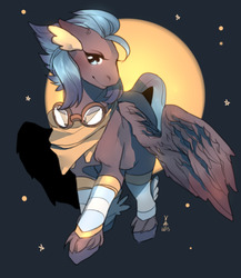 Size: 737x850 | Tagged: safe, artist:poselenets, oc, oc only, pegasus, pony, abstract background, clothes, floppy ears, goggles, leggings, looking at you, neckerchief, smiling, solo, spread wings, wings
