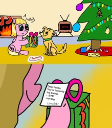 Size: 1260x1440 | Tagged: safe, dog, pony, /mlp/, /pnk/, andrea libman, christmas, christmas tree, holiday, implied fluttershy, mindy the dog, netflix, ponified, present, tree