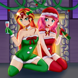 Size: 2000x2000 | Tagged: safe, artist:focusb, pinkie pie, sunset shimmer, human, g4, bare shoulders, breasts, christmas, clothes, duo, duo female, female, fireplace, high res, holiday, humanized, merry christmas, sleeveless, smiling, socks, strapless, thigh highs