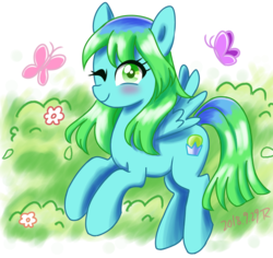 Size: 700x660 | Tagged: safe, artist:tastyrainbow, oc, oc only, pegasus, pony, blushing, cute, happy, one eye closed, solo, wink