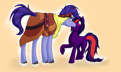 Size: 3450x2050 | Tagged: dead source, safe, artist:darkmatterwizardian, hoo'far, oc, oc:purplethink, earth pony, pony, g4, canon x oc, gay, high res, kissing, male, simple background