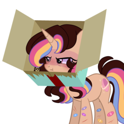 Size: 2000x2000 | Tagged: safe, artist:moon-rose-rosie, oc, oc only, oc:melanie (moon-rose-rosie), pony, unicorn, annoyed, bandaid, base used, box, brown eyes, coat markings, colored hooves, facial markings, female, high res, horn, lightly watermarked, mare, pale belly, ponysona, self harm, simple background, snip (coat marking), socks (coat markings), solo, star (coat marking), transparent background, unicorn oc, watermark