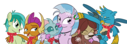 Size: 1920x662 | Tagged: safe, artist:sintakhra, gallus, ocellus, sandbar, silverstream, smolder, yona, changedling, changeling, classical hippogriff, dragon, earth pony, griffon, hippogriff, pony, yak, g4, bow, clothes, cloven hooves, colored hooves, cute, diaocelles, diastreamies, dragoness, female, gallabetes, hair bow, jewelry, male, monkey swings, necklace, sandabetes, scarf, simple background, smolderbetes, student six, teenager, transparent background, yonadorable