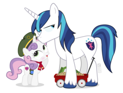 Size: 1200x900 | Tagged: safe, artist:dm29, shining armor, sweetie belle, pony, unicorn, g4, blushing, cookie, crush, female, filly, filly guides, food, forehead kiss, girl scout cookies, kissing, male, shining armor is not amused, simple background, stallion, transparent background, unamused, wagon