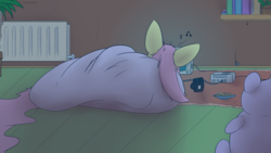 Size: 2560x1440 | Tagged: safe, artist:fuzzypones, fluttershy, pony, g4, big ears, book, bookshelf, burrito, female, food, games, indoors, mug, night, nintendo entertainment system, playing, radiator, solo, television