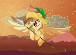 Size: 1650x1200 | Tagged: safe, artist:yokokinawa, oc, oc only, oc:tailcoatl, pegasus, pony, armor, aztec, feather, female, flying, helmet, lineless, mare, mexican, mountain, nation ponies, ponified, solo, spear, stars, volcano, weapon