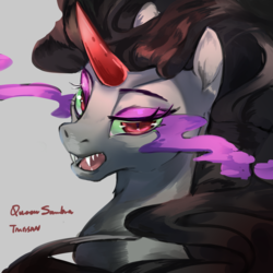 Size: 2362x2362 | Tagged: safe, artist:tingsan, king sombra, pony, g4, beautiful, curved horn, eye mist, eyeshadow, fangs, female, flowing mane, high res, horn, looking at you, makeup, missing accessory, queen umbra, rule 63, signature, solo, sombra eyes
