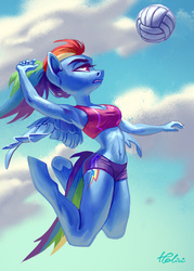 Size: 2067x2894 | Tagged: safe, artist:holivi, rainbow dash, pegasus, anthro, unguligrade anthro, alternate hairstyle, armpits, belly button, breasts, busty rainbow dash, clothes, cloud, cloudy, cutie mark, female, fit, jumping, legs, lidded eyes, mare, midair, midriff, outdoors, ponytail, sky, solo, sports, sports bra, sports shorts, underhoof, volleyball