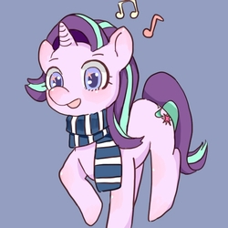Size: 512x512 | Tagged: safe, artist:cpid, starlight glimmer, pony, unicorn, g4, blue background, clothes, cute, female, glimmerbetes, mare, music notes, open mouth, scarf, simple background, solo