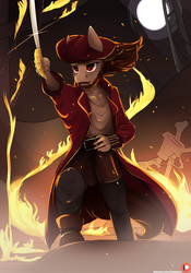 Size: 1750x2500 | Tagged: safe, artist:chapaevv, oc, oc only, anthro, anthro oc, blade, captain, clothes, commission, fire, male, patreon, patreon logo, pirate, pirate captain, pirate ship, saber, solo, weapon