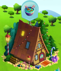 Size: 405x470 | Tagged: safe, gameloft, g4, my little pony best gift ever, my little pony: magic princess, cabin, food, limited-time story, pudding, the anonymous campsite