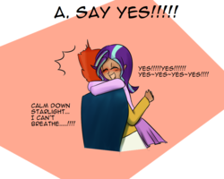Size: 1000x800 | Tagged: safe, artist:zouyugi, starlight glimmer, sunburst, human, g4, cloak, clothes, female, happy, hug, humanized, male, marriage proposal, moderate dark skin, ship:starburst, shipping, straight, yes yes yes