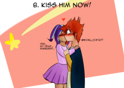 Size: 1400x1000 | Tagged: safe, artist:zouyugi, starlight glimmer, sunburst, human, g4, censored vulgarity, cloak, clothes, female, grawlixes, humanized, kissing, male, muffled, ship:starburst, shipping, straight, surprised