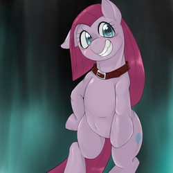 Size: 1536x1536 | Tagged: safe, artist:kurogewapony, pinkie pie, earth pony, semi-anthro, g4, arm hooves, collar, creepy, dreamworks face, female, floppy ears, grin, looking at you, pinkamena diane pie, smiling, solo, standing