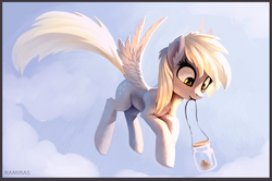 Size: 1915x1271 | Tagged: safe, artist:ramiras, derpy hooves, pegasus, pony, g4, cloud, cute, derpabetes, female, flying, food, jar, mare, mouth hold, muffin, sky, solo