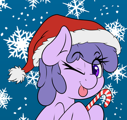 Size: 1800x1700 | Tagged: safe, artist:blues4th, oc, oc only, oc:integrand, earth pony, pony, candy, candy cane, christmas, food, hat, holiday, one eye closed, santa hat, snow, snowflake, solo, tongue out, wink