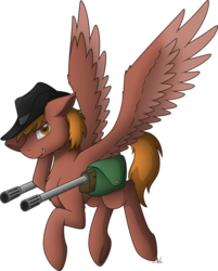 Size: 4000x4980 | Tagged: safe, artist:starlessnight22, oc, oc only, oc:calamity, pegasus, pony, fallout equestria, battle saddle, chest fluff, cowboy hat, dashite, digital art, ear fluff, fanfic, fanfic art, flying, gun, hat, hooves, looking at you, male, rifle, simple background, smiling, solo, spread wings, stallion, transparent background, vector, weapon, wings