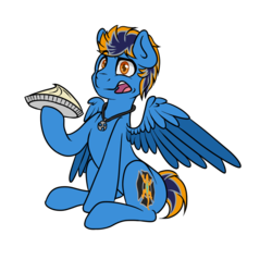 Size: 1000x1000 | Tagged: safe, artist:blues4th, oc, oc only, oc:blues, pegasus, pony, 2019 community collab, derpibooru community collaboration, food, jewelry, looking at you, necklace, pie, simple background, sitting, solo, transparent background, wings