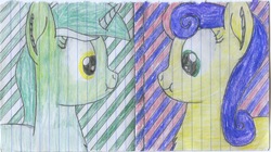 Size: 2415x1356 | Tagged: safe, artist:php124, bon bon, lyra heartstrings, sweetie drops, earth pony, pony, g4, :t, lined paper, traditional art
