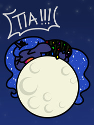 Size: 1280x1707 | Tagged: safe, artist:flutterluv, princess luna, alicorn, pony, series:flutterluv's full moon, g4, bondage, chibi, christmas, christmas lights, cute, female, full moon, holiday, moon, night, noodle incident, solo, stuck, tangible heavenly object, tied up, unsexy bondage, winter solstice, yelling