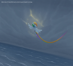 Size: 2100x1900 | Tagged: safe, artist:wavecipher, rainbow dash, pegasus, pony, g4, cloud, cloudy, female, flying, mare, rainbow trail, smiling, solo, storm, water