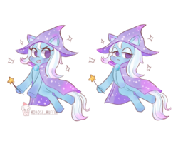 Size: 800x634 | Tagged: safe, artist:morose-muffin, trixie, pony, unicorn, g4, cape, clothes, cute, diatrixes, female, hat, lidded eyes, mare, simple background, solo, sparkles, trixie's hat, wand, white background