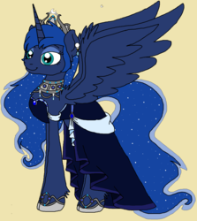Size: 1448x1620 | Tagged: safe, artist:rosefang16, princess luna, alicorn, pony, g4, alternate hairstyle, choker, clothes, crown, dress, ear fluff, ear piercing, earring, female, fluffy, hoof shoes, jewelry, mare, piercing, regalia, simple background, solo, yellow background