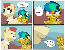 Size: 3019x2355 | Tagged: safe, artist:shinodage, edit, editor:twitchyylive, oc, oc:apogee, oc:jet stream, pegasus, pony, apojet, comic, corn, corny, creepy, dad joke, father and daughter, female, filly, food, high res, male, not salmon, pun, sfw edit, wat