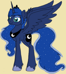 Size: 1444x1616 | Tagged: safe, artist:rosefang16, princess luna, alicorn, pony, g4, ear fluff, female, fluffy, hoof shoes, jewelry, mare, regalia, simple background, solo, yellow background