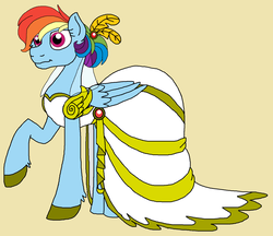 Size: 1552x1344 | Tagged: safe, artist:rosefang16, rainbow dash, pegasus, pony, g4, alternate hairstyle, clothes, dress, female, fluffy, hoof shoes, mare, ponytail, raised hoof, simple background, solo, wedding dress, yellow background