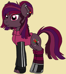 Size: 1156x1292 | Tagged: safe, artist:rosefang16, oc, oc only, oc:rosemary, earth pony, pony, casual, clothes, converse, ear piercing, earring, eyeshadow, female, fingerless gloves, gloves, hoodie, jewelry, makeup, mare, nose piercing, nose ring, piercing, shoes, simple background, socks, solo, striped socks, yellow background