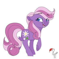 Size: 1600x1582 | Tagged: safe, artist:poowndraww, daisy dreams, earth pony, pony, g4, female, looking back, mare, simple background, smiling, solo, transparent background