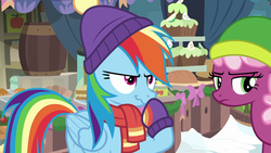 Size: 1280x720 | Tagged: safe, screencap, cheerilee, rainbow dash, g4, my little pony best gift ever, triple pony dare ya, clothes, scarf, winter outfit