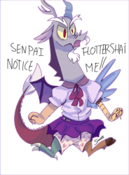 Size: 720x980 | Tagged: safe, artist:sansdy, discord, draconequus, boxers, clothes, crossdressing, dialogue, don't dead open inside, engrish, heart underwear, male, notice me senpai, school uniform, simple background, skirt, solo, spread wings, underwear, white background, wings