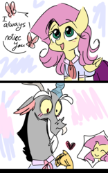 Size: 980x1570 | Tagged: safe, artist:sansdy, discord, fluttershy, draconequus, pegasus, pony, g4, 2 panel comic, blushing, clothes, comic, dialogue, female, folded wings, heart, male, mare, school uniform, ship:discoshy, shipping, straight, wings