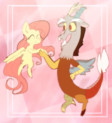 Size: 541x594 | Tagged: safe, artist:sansdy, discord, fluttershy, draconequus, pegasus, pony, g4, ear fluff, eyes closed, female, male, mare, smiling, spread wings, wings